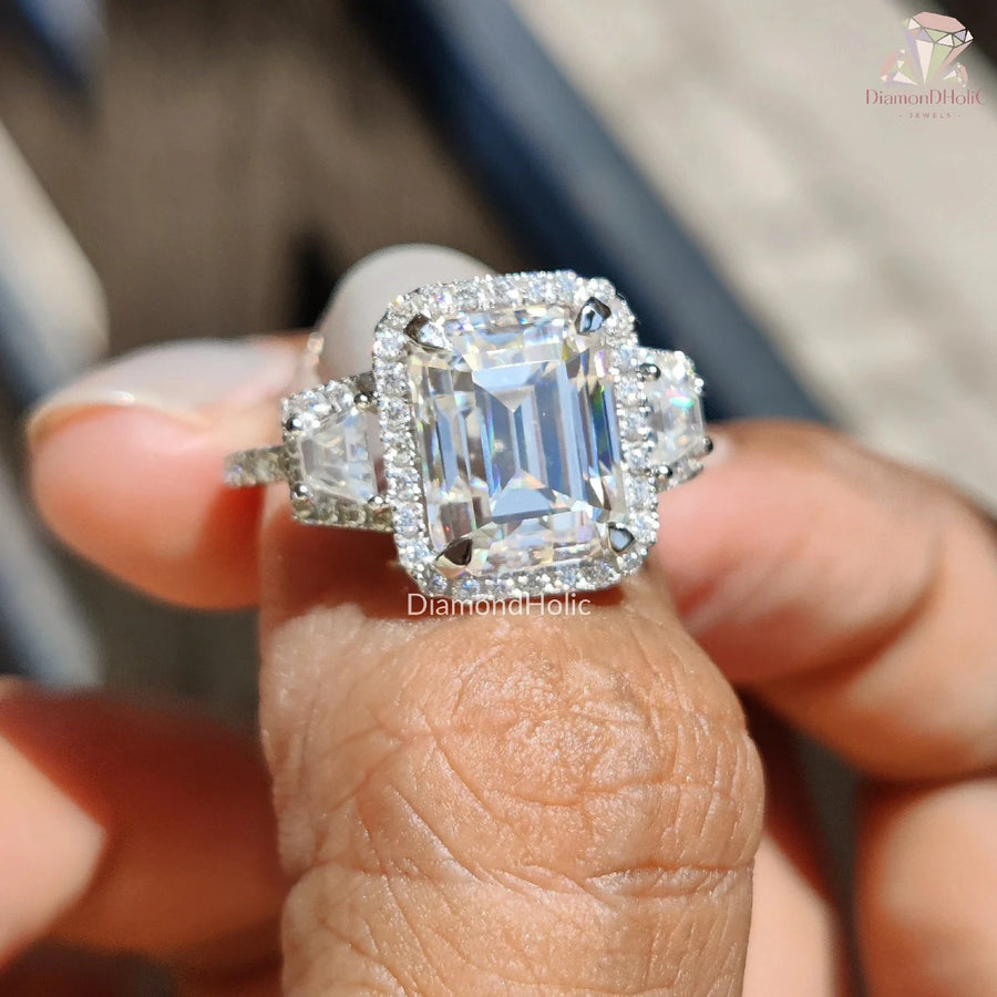 Three Stone Halo Moissanite Engagement Ring For Women
