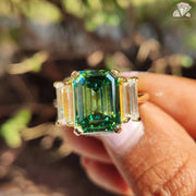 Three Stone Green Emerald Cut Moissanite Engagement Ring