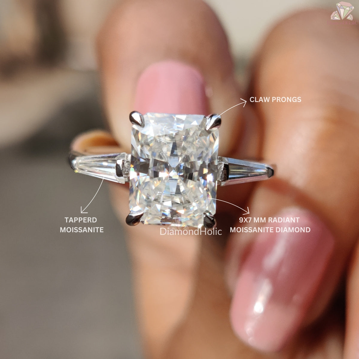 Three Stone Moissanite Engagement Ring With Side Tapered Baguette Cut Diamonds