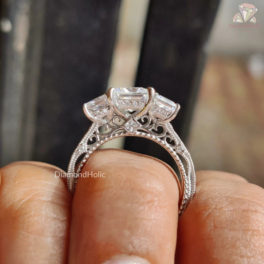 Three Stone Moissanite White Gold Engagement Ring