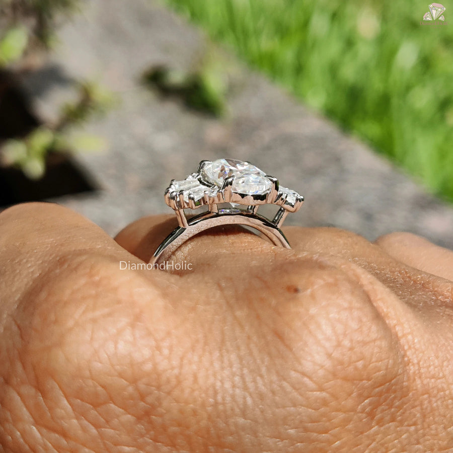 Oval Cut Sparkle Ring | Baguette Side Stones | Designer Look Jewel

