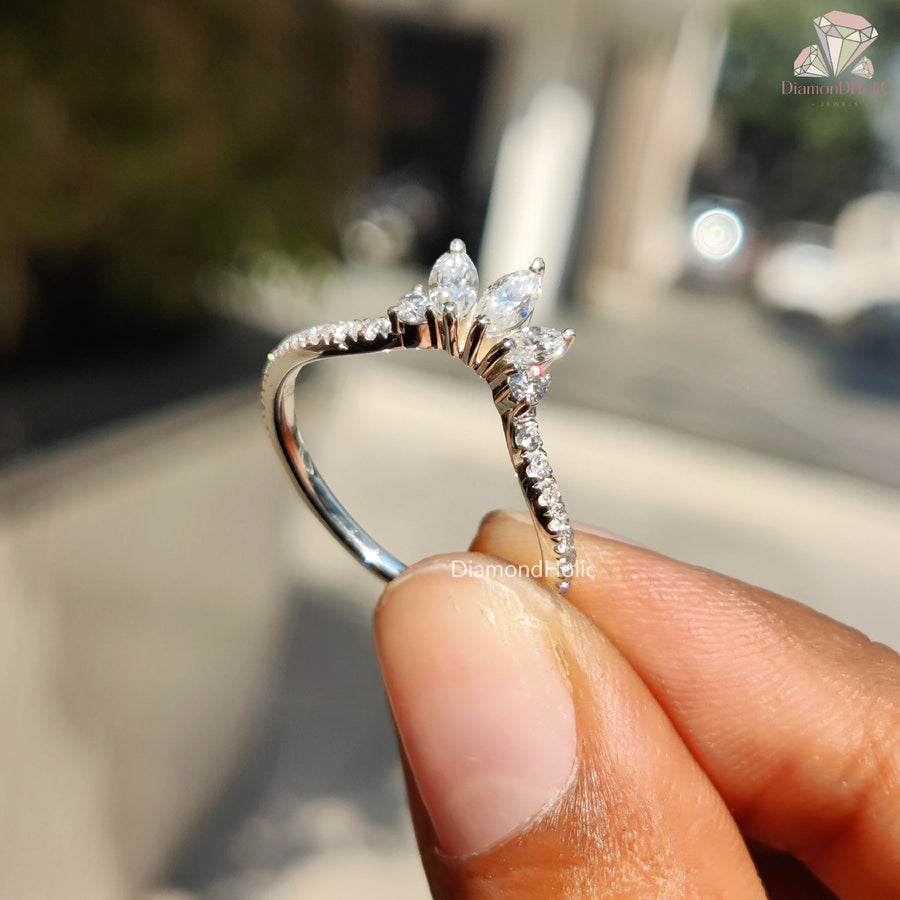 Marquise Cut Love Band | Round Moissanite Ring | Wedding Set

