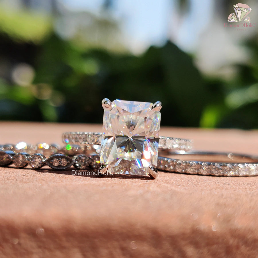 Radiant Moissanite Ring | Engagement Ring Set | Eternity Band

