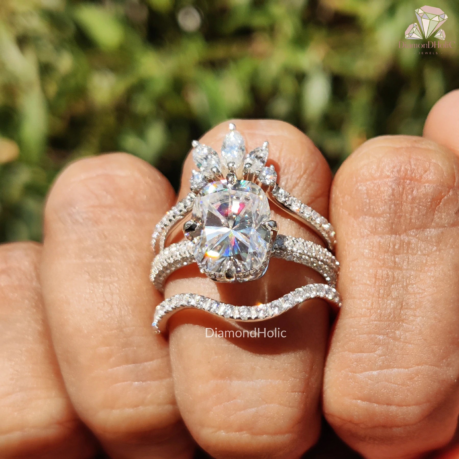 3 Ring Wedding Set | Moissanite Cushion Cut | Matching Curved Bands

