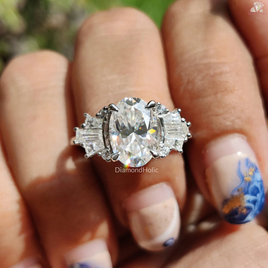 Unique Moissanite Ring | Designer Wedding Style | Baguette Sides

