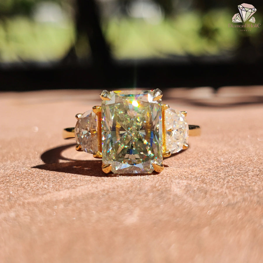 8.10 CT Radiant Cut Light Green Moissanite Three Stone Engagement Ring by Diamond Holic