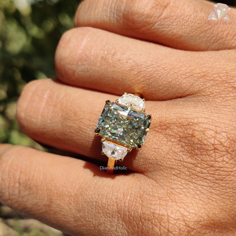 8.10 CT Radiant Cut Light Green Moissanite Three Stone Engagement Ring by Diamond Holic on hand