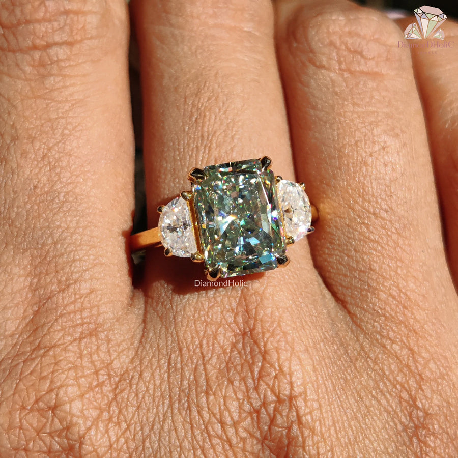 8.10 CT Radiant Cut Light Green Moissanite Three Stone Engagement Ring on hand by Diamond Holic