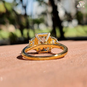 8.10 CT Radiant Cut Light Green Moissanite Three Stone Engagement Ring by Diamond Holic in gold setting