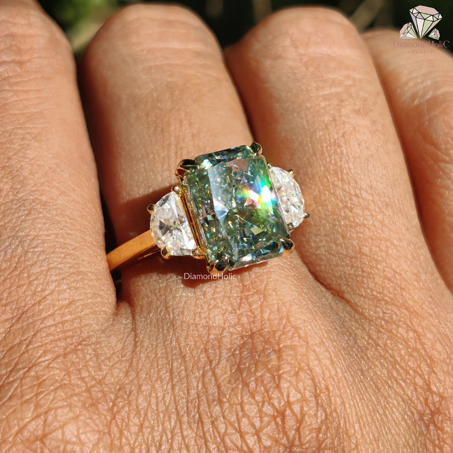 8.10 CT Radiant Cut Light Green Moissanite Three Stone Engagement Ring by Diamond Holic on hand reflection