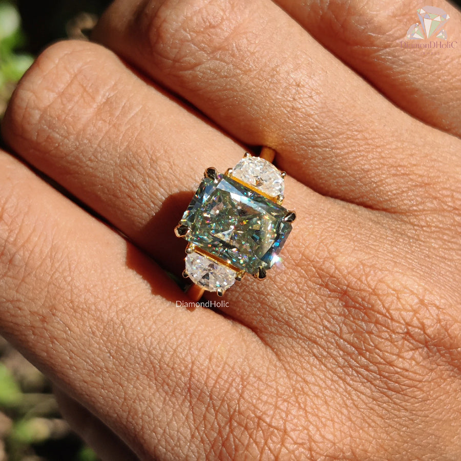 8.10 CT Radiant Cut Light Green Moissanite Three Stone Engagement Ring by Diamond Holic on finger