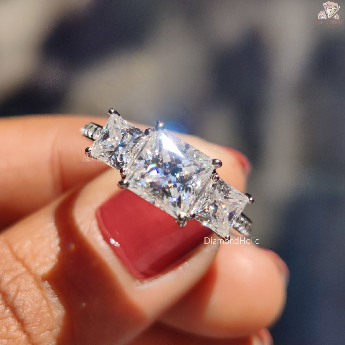 Diamond Holic elegant princess cut moissanite ring with three sparkling stones on silver band