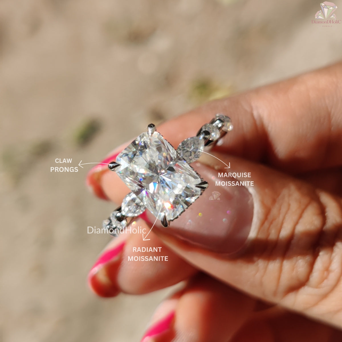 Diamond Holic Solitaire Radiant Cut ring with radiant and marquise moissanite stones held by claw prongs