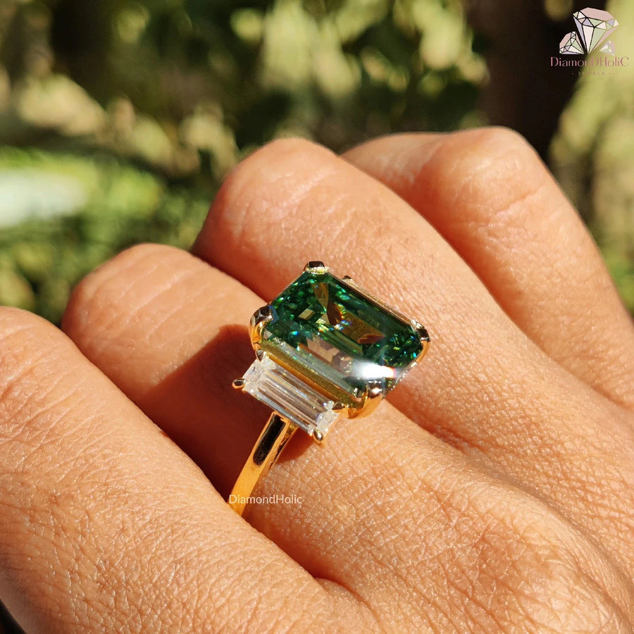 Green Emerald Cut Moissanite Ring