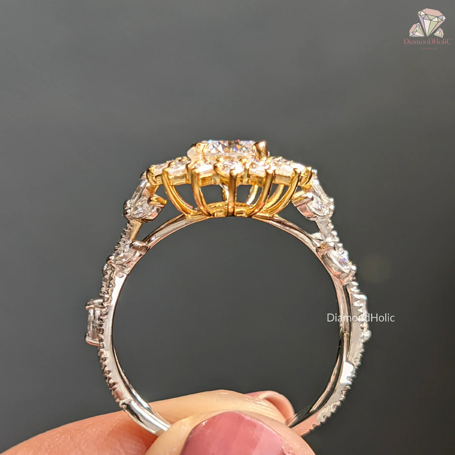 floral halo ring | halo diamond engagement ring​ | sunflower halo ring