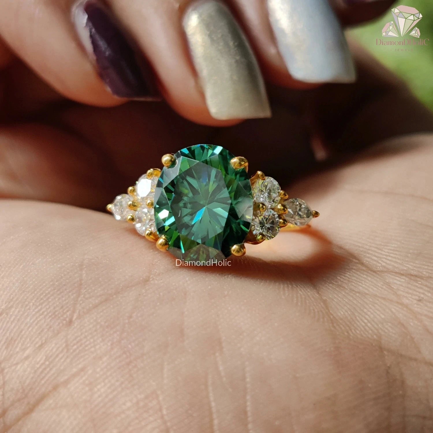 green oval cut moissanite ring 