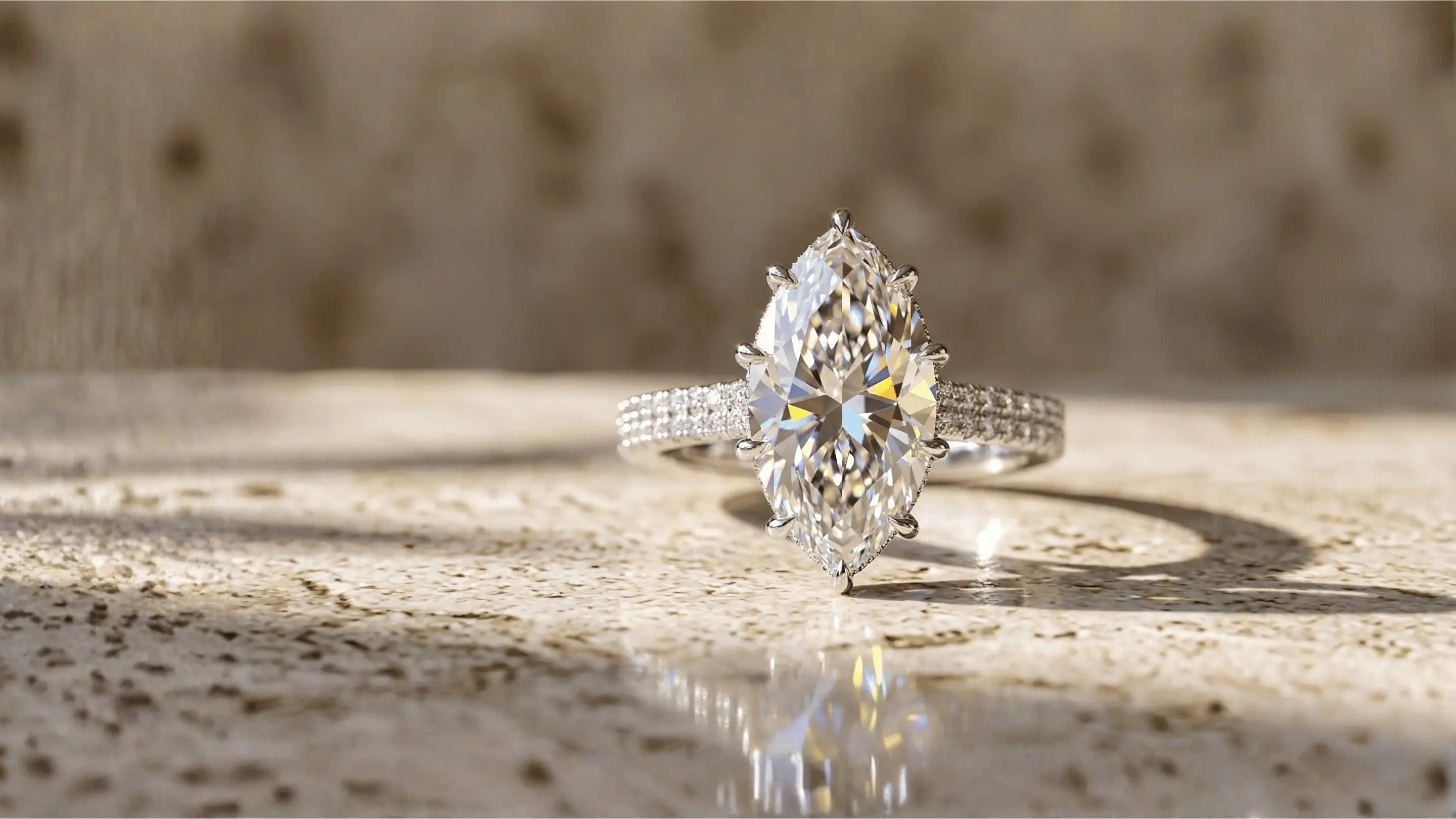 Diamond ring on a textured surface with a blurred natural background