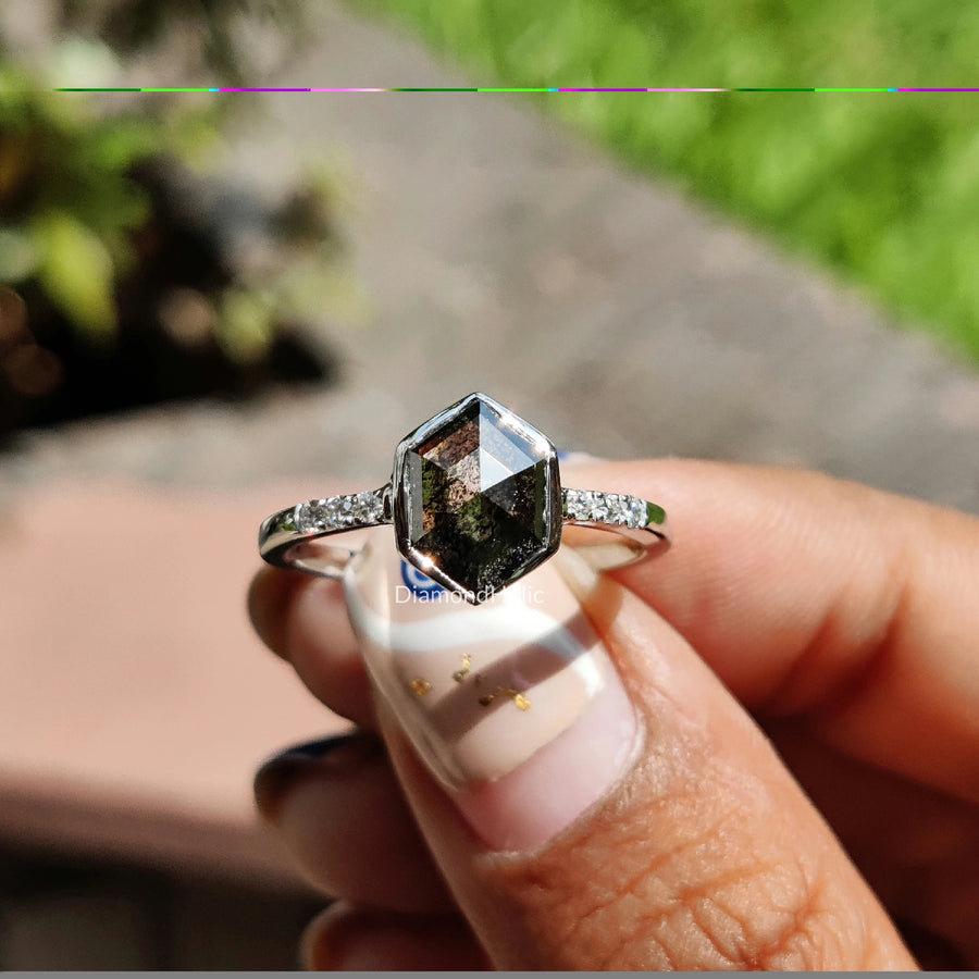 Hexagon Cut Diamond Ring | Salt & Pepper Diamond Ring | Full Bezel Diamond Ring