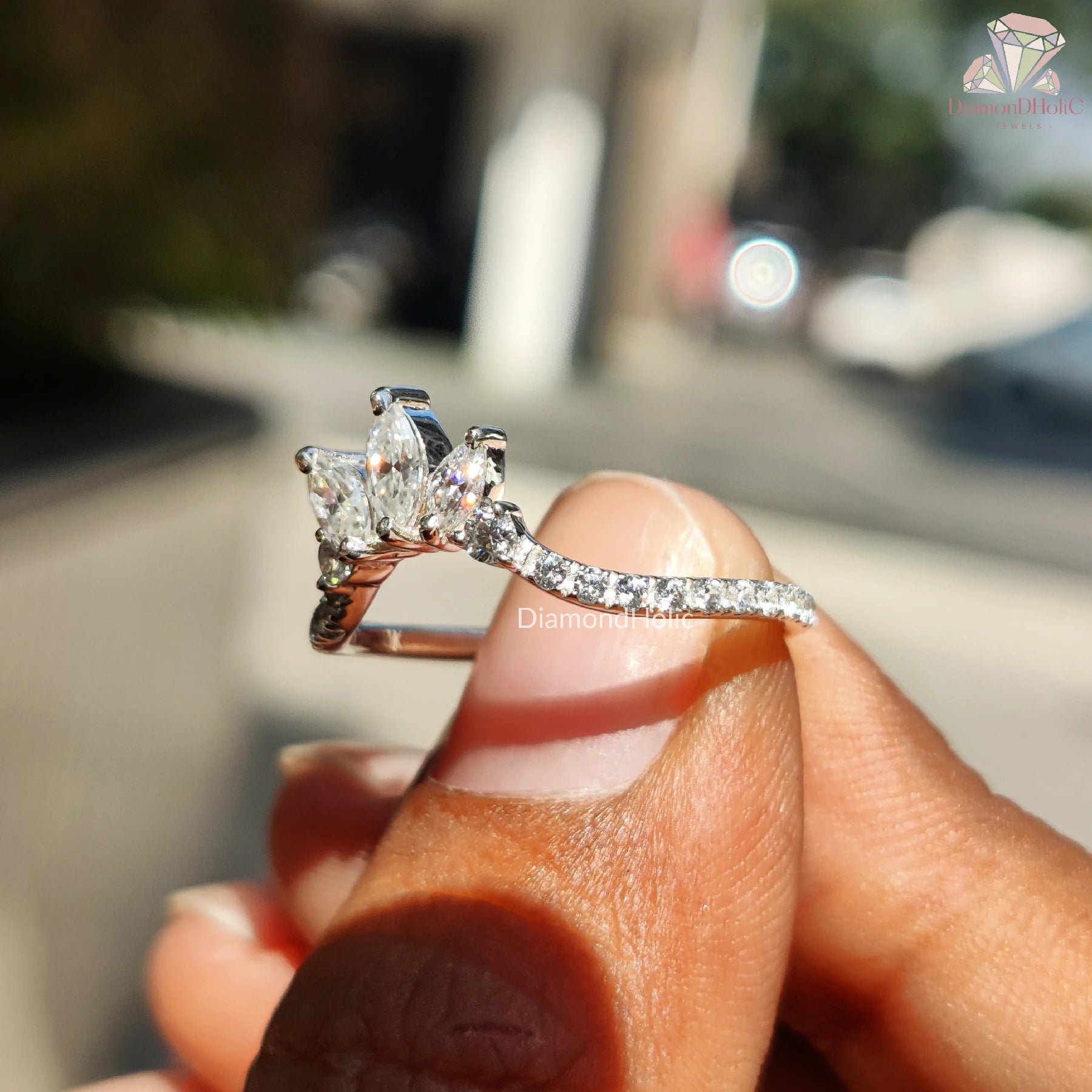 Marquise and Round Ring | Moissanite Wedding Band | Dainty Diamond

