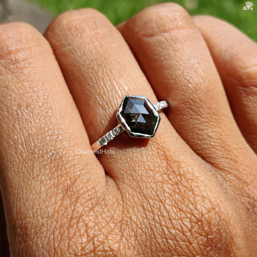 Hexagon Cut Engagement Ring | Elegant Salt & Pepper Ring | Solid Gold Diamond Ring
