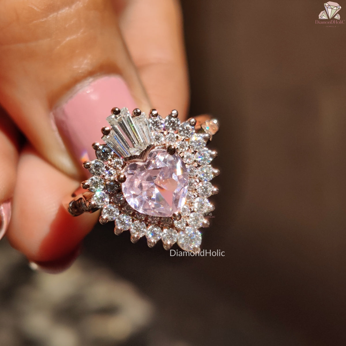 Morganite heart cut halo engagement ring - front view