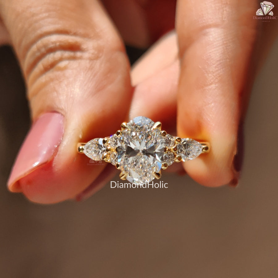 Oval lab grown diamond bridal ring - side angle