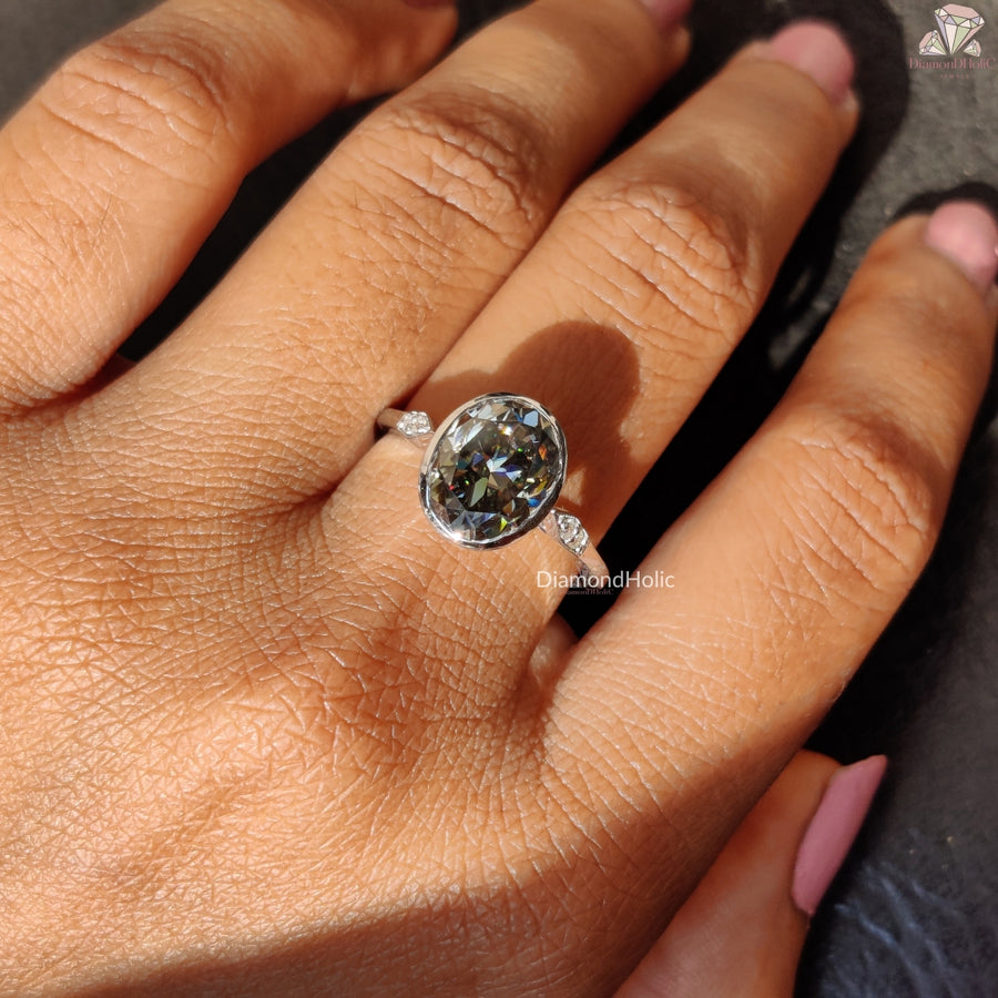 Oval moissanite bezel gray setting ring - profile view