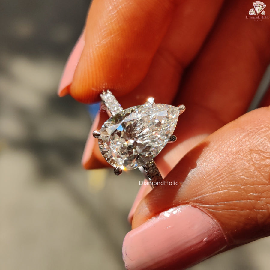 Pear cut lab grown diamond solitaire ring - front view