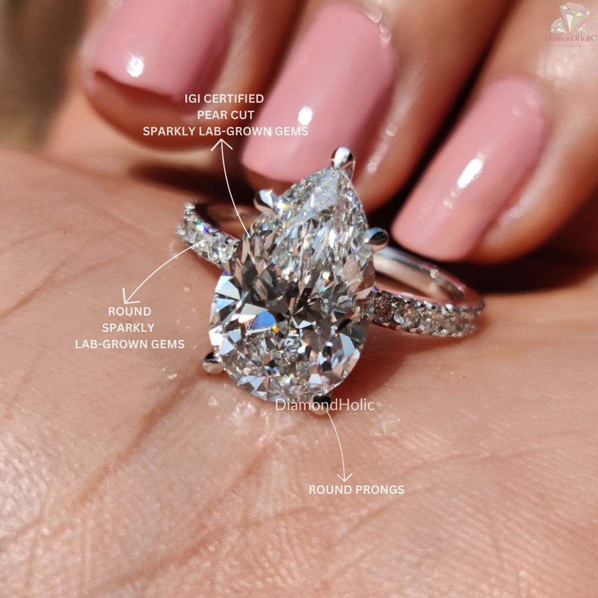 Pear cut lab grown diamond solitaire ring - side angle