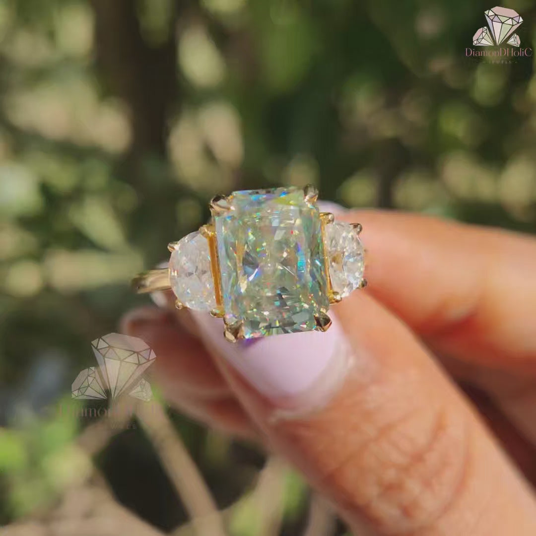 YouTube Video of 8.10 CT Radiant Cut Green Moissanite Three Stone Ring