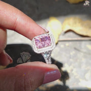 Pink Radiant Cut CZ Stone Halo Ring, Color Stone Engagement Ring