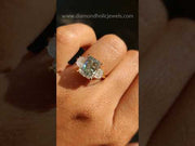 Light Green Moissanite Three Stone Engagement Ring with Half Moon Moissanite Side Stones