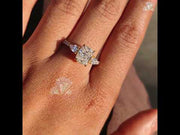 Three Stone Lab Grown Diamond Ring With Sparkling Elongated Cushion Cut and Pear Cut