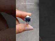 Navy Blue Radiant Cut Moissanite Full Bezel-Set Three Stone Ring