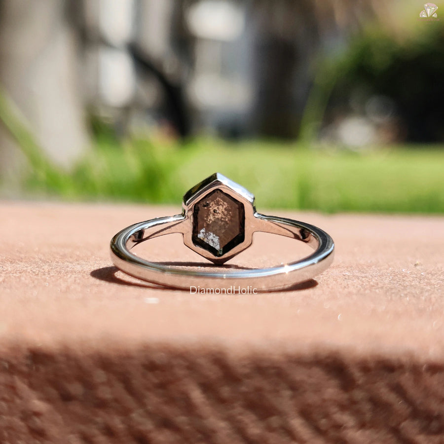 Hexagon Cut Promise Ring | Radiant Salt & Pepper Diamond | Beautiful Bezel Engagement Ring 