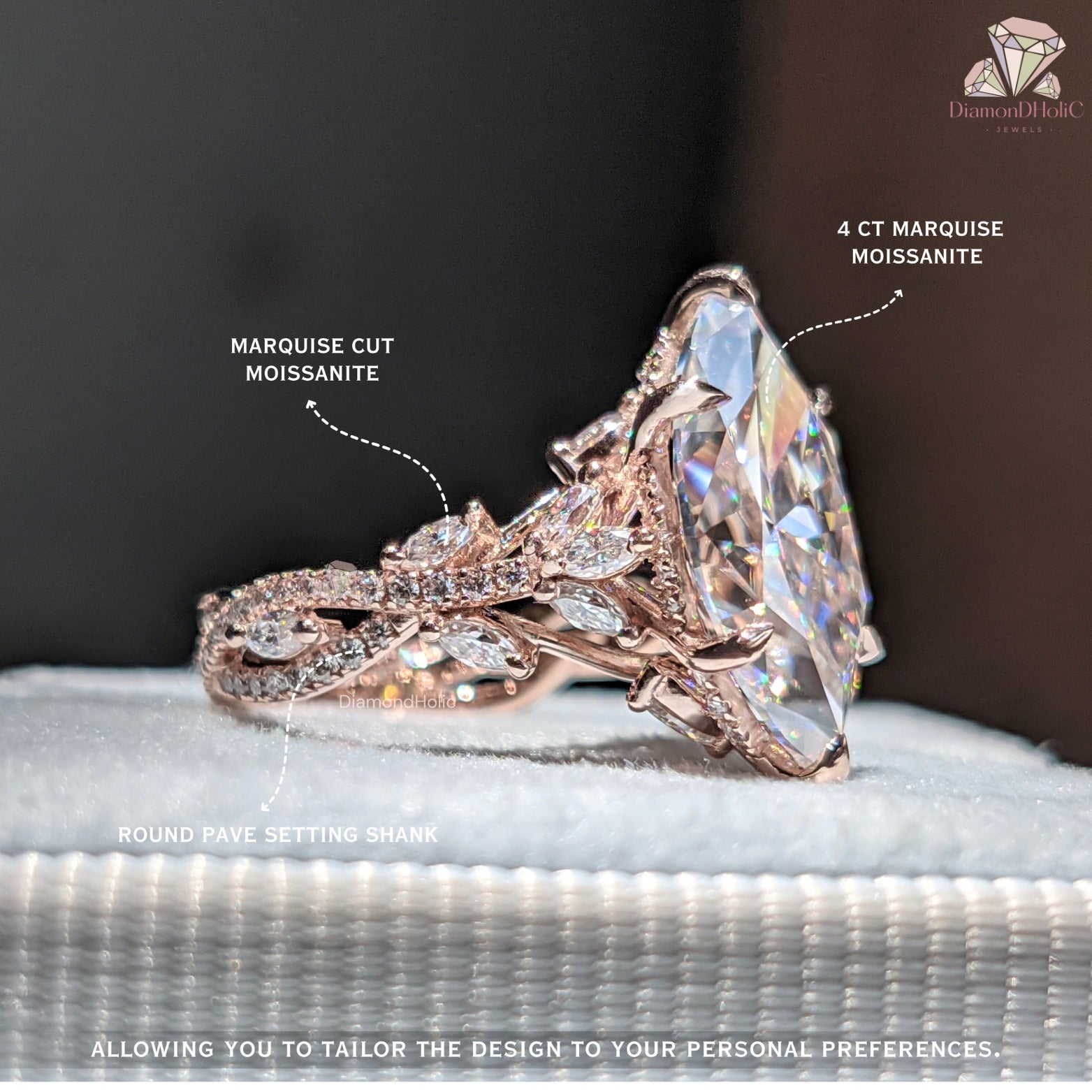 marquise and round side stone | claw prong setting ring