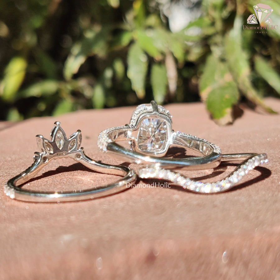 Cushion Engagement Set | Curved Diamond Bands | Wedding Trio Rings

