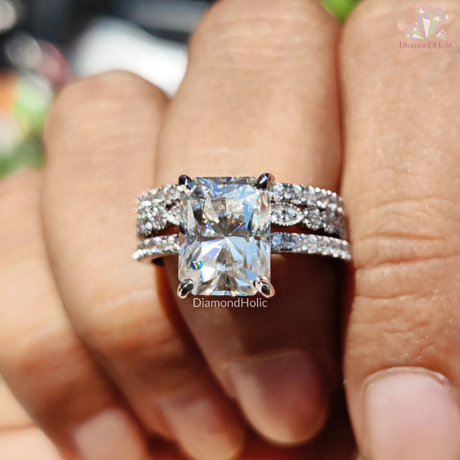 Moissanite Diamond Set | Radiant Cut Engagement Rings | Wedding Rings

