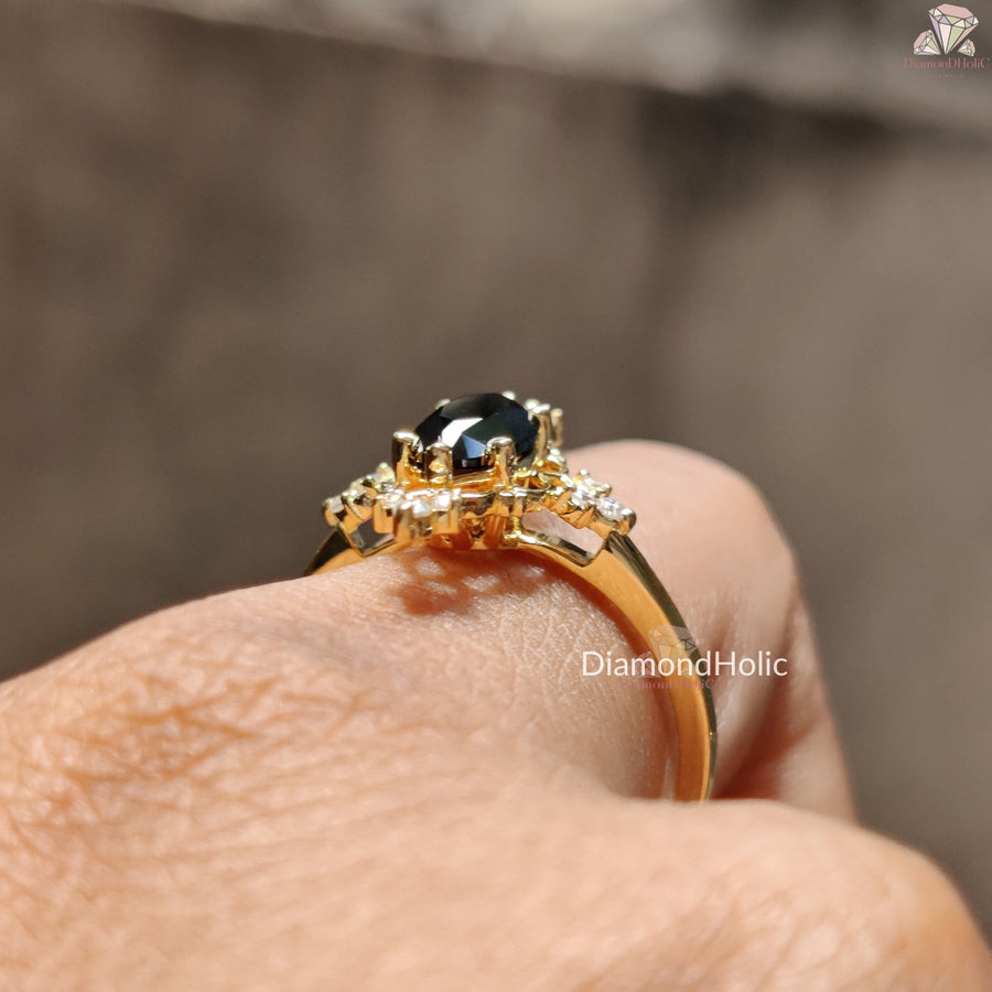 Rose cut black marquise moissanite ring - close-up