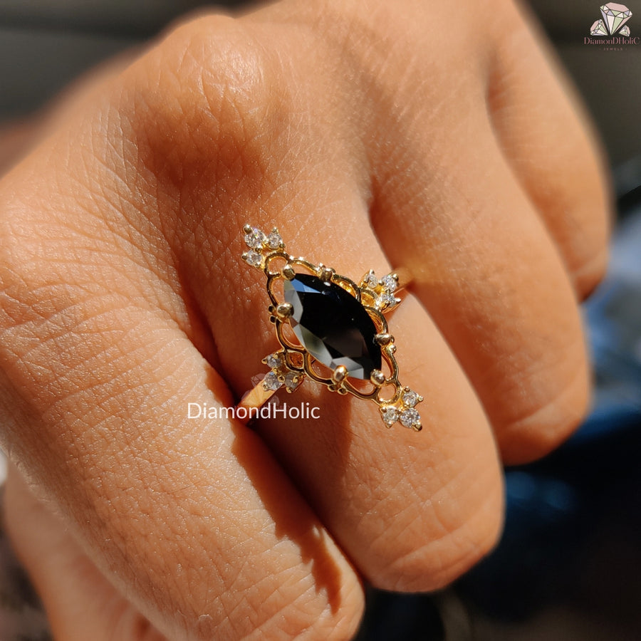 Rose cut black marquise moissanite ring - lifestyle shot