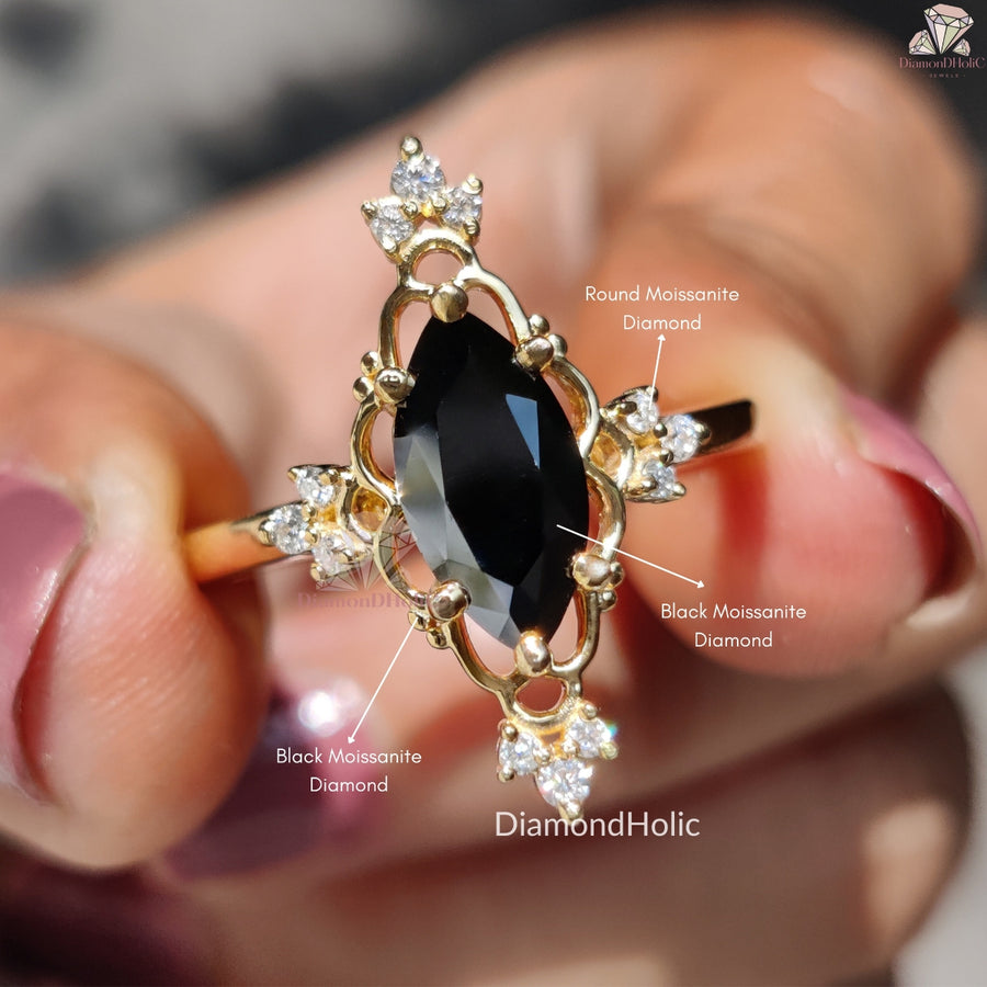 Rose cut black marquise moissanite ring - side angle