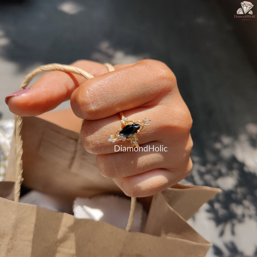 Rose cut black marquise moissanite ring - sparkle view