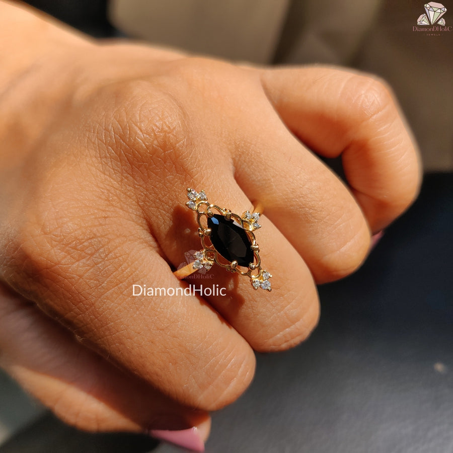 Rose cut black marquise moissanite ring - top view