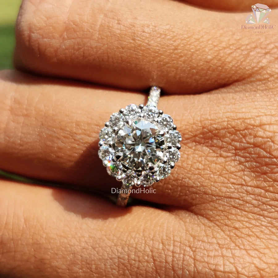 round cut engagement rings with a halo​ design