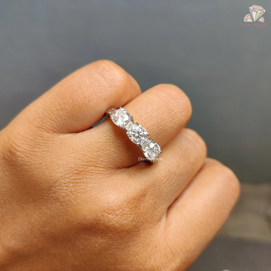 three stone ring with wedding band