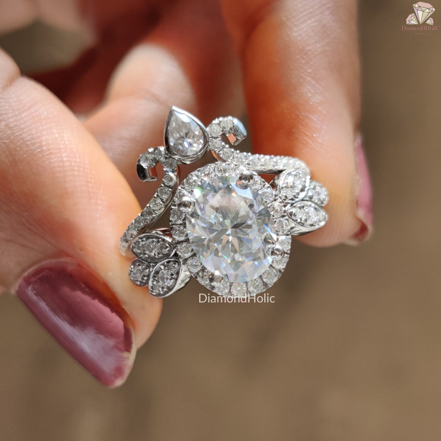 Vintage oval moissanite ring set - front view