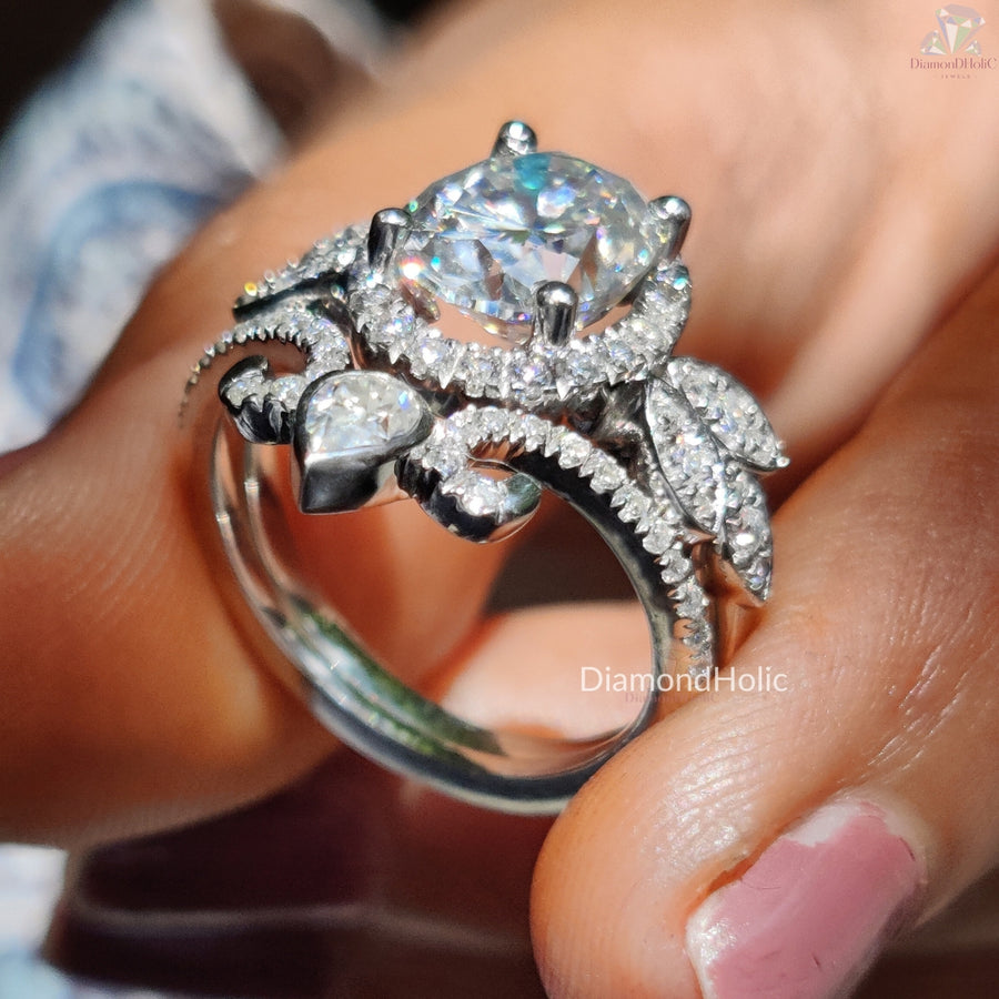 Vintage oval moissanite ring set - profile view