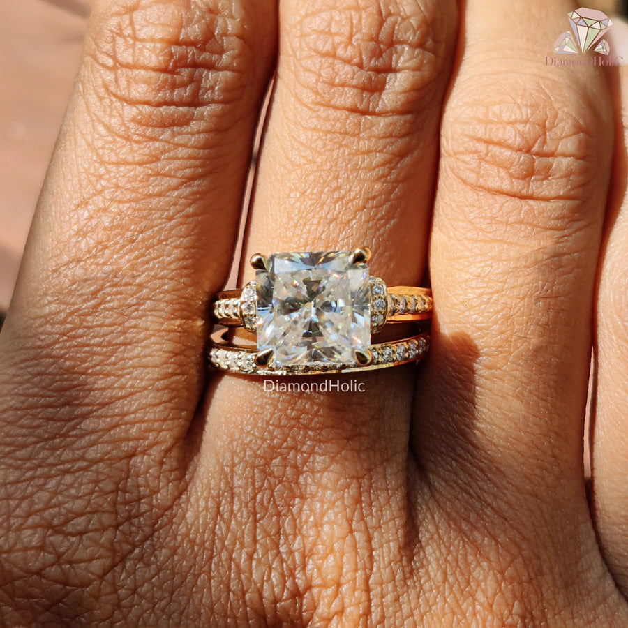 Half Eternity Ring | Gold Moissanite Set | Radiant Engagement Ring

